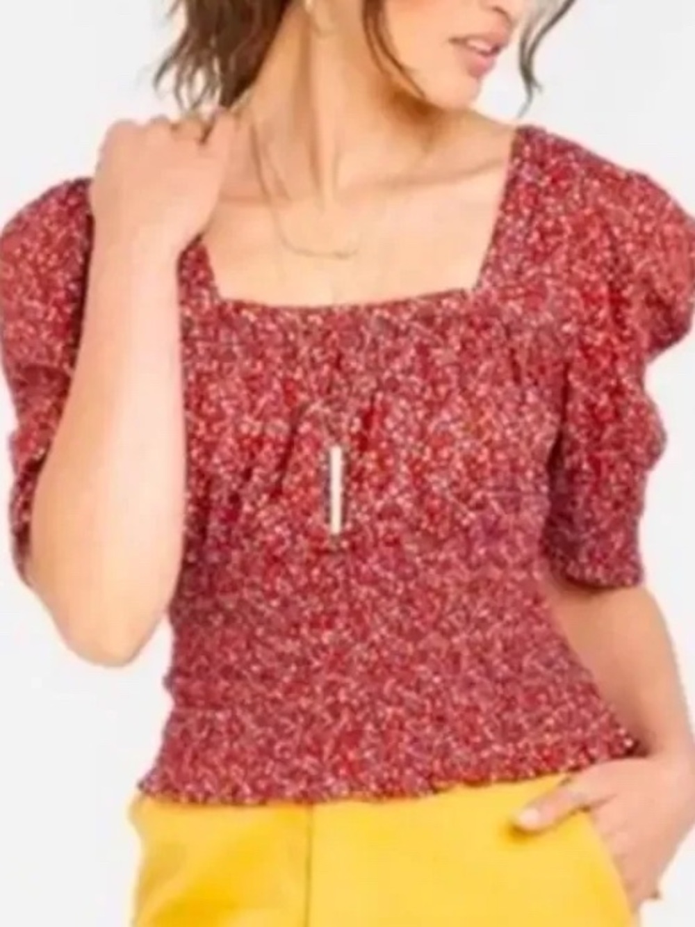Universal Thread Red Floral Square Neck Puff Sleeve Crop Top